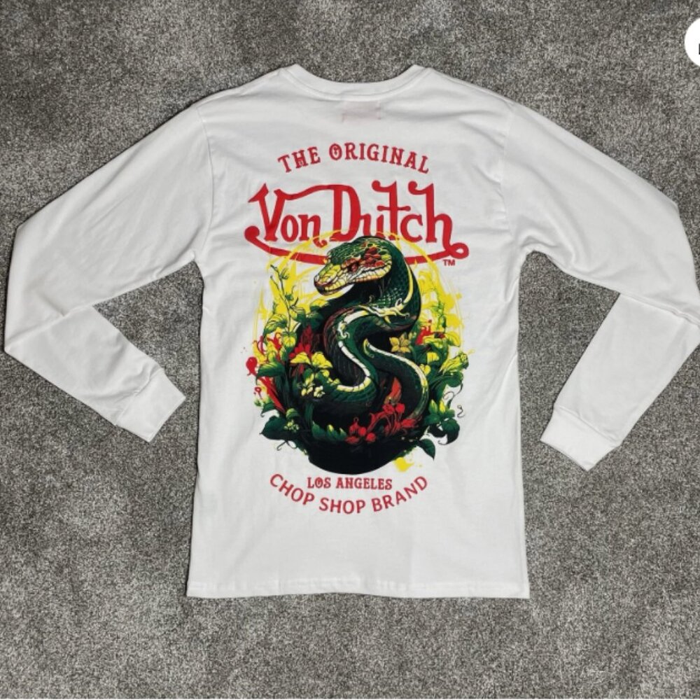 Von Dutch Men's T Shirt Tee Snake Graphic Sz Small Long Sleeve Puff Print White